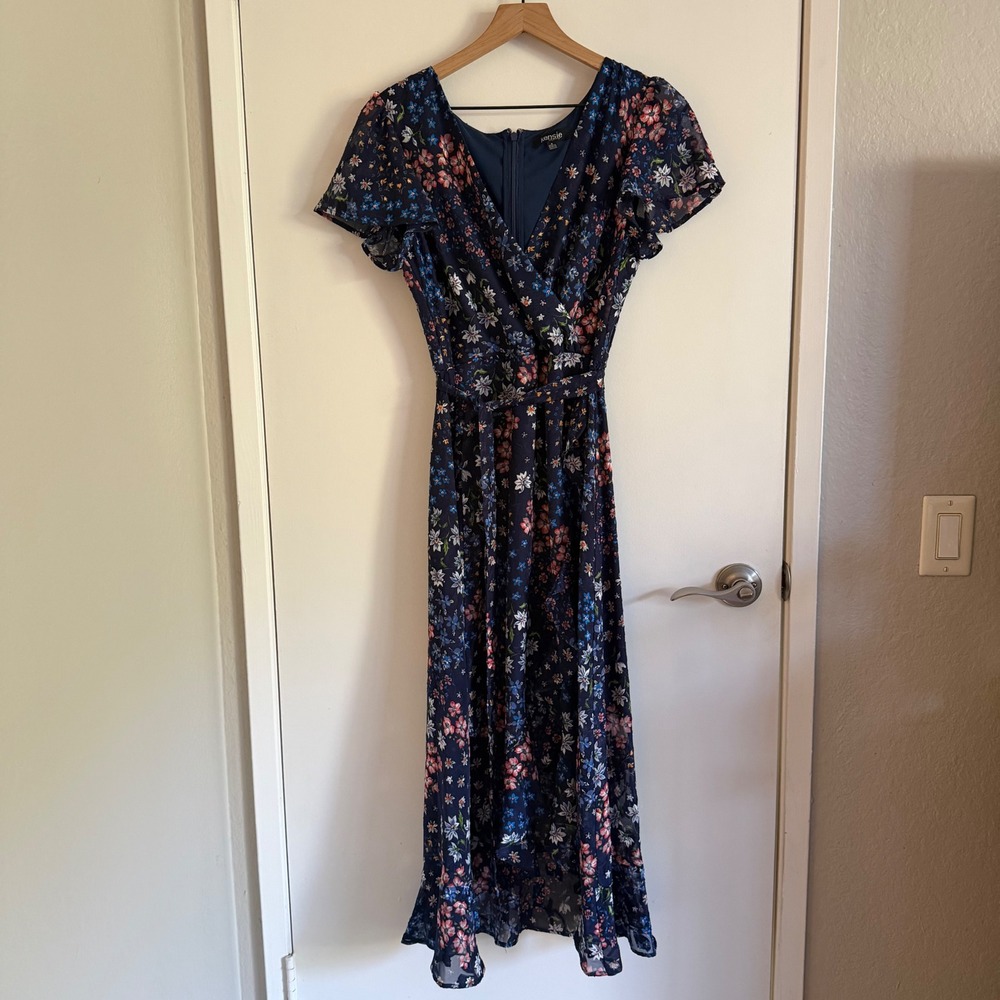 Kensie Navy Floral Midi Dress Flutter Sleeve Ruffle Hem Size 8 Romantic Party